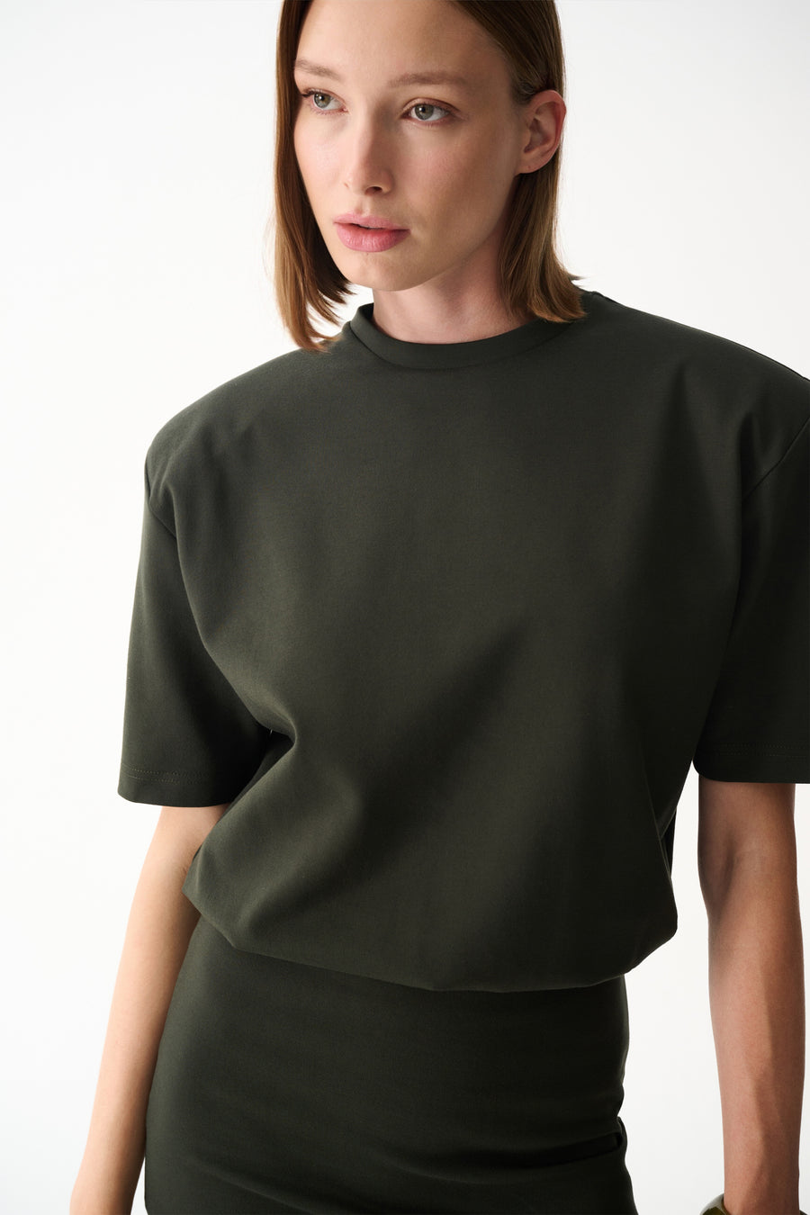 Khaki T-Shirt Dress with oversized boxy t-shirt and fitted mini skirt