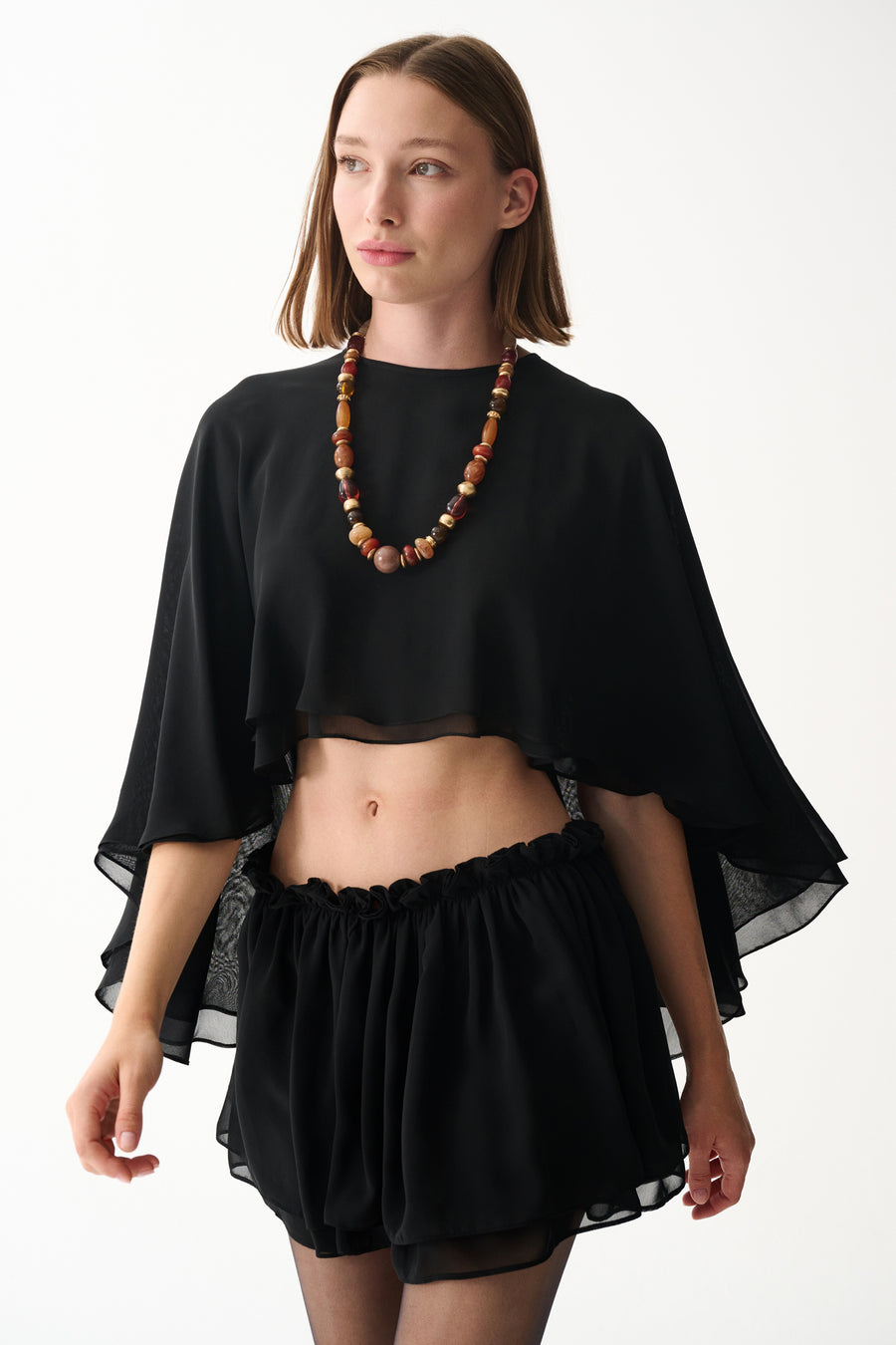Black chiffon cape & chiffon mini short skirt