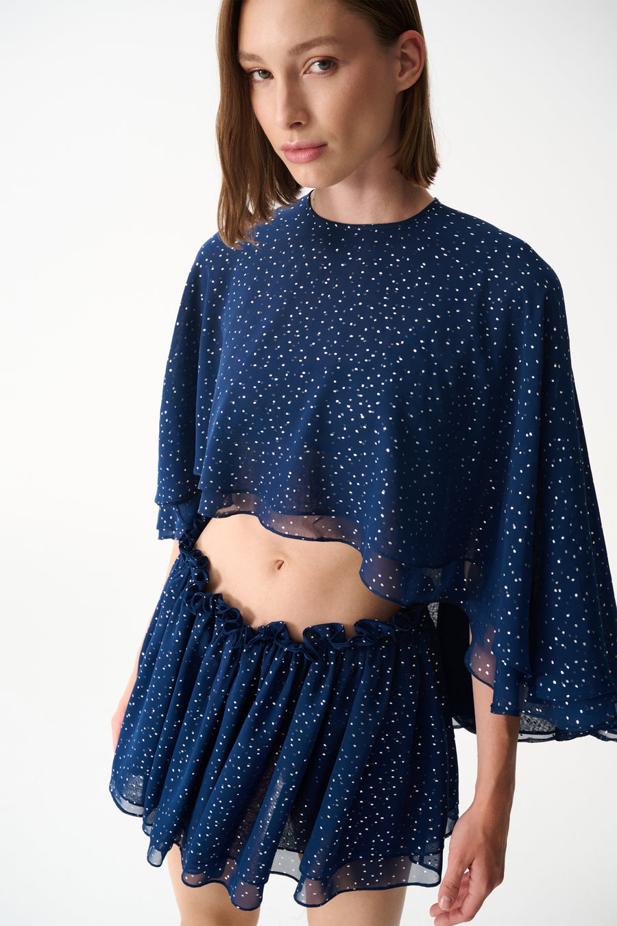 Silver dotted navy cape top & skirt set