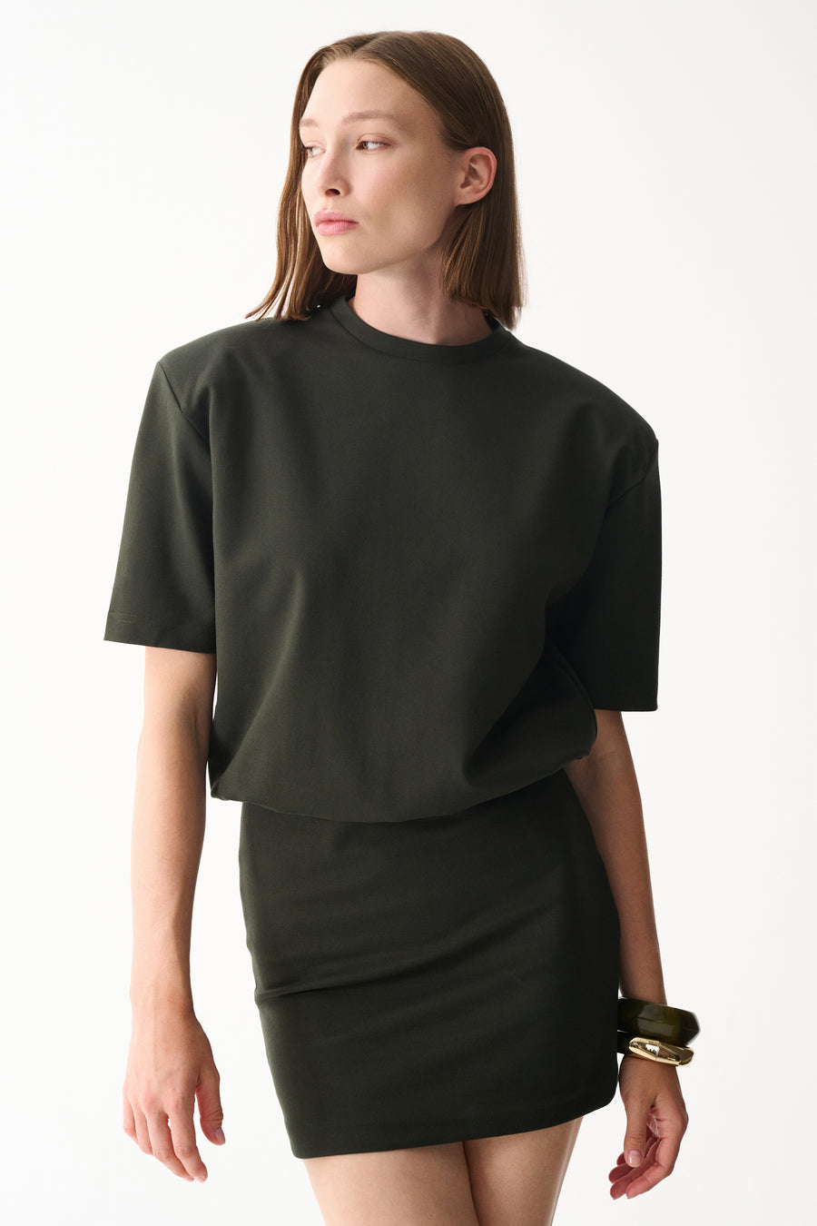 Khaki T-Shirt Dress with oversized boxy t-shirt and fitted mini skirt