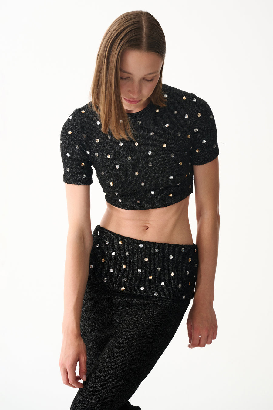 Black cropped top and matching maxi skirt with metallic sparkle and pearl embellishments