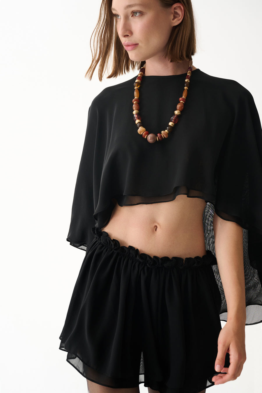 Black chiffon cape & chiffon mini short skirt