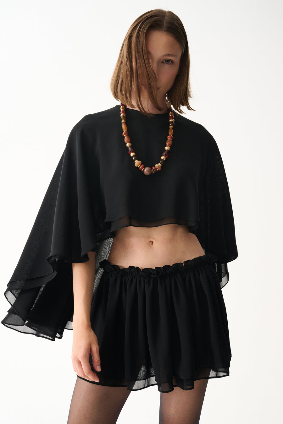 Black chiffon cape & chiffon mini short skirt