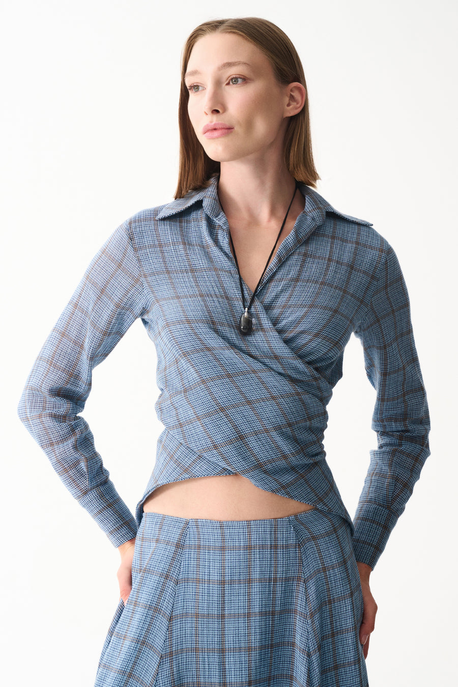 Blue checked wrap cotton crop shirt and skirt set