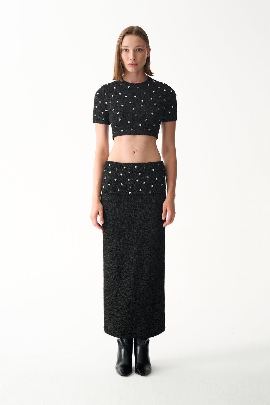 Black cropped top and matching maxi skirt with metallic sparkle and pearl embellishments