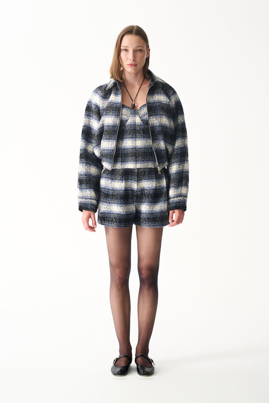 Plaid wool jacket and shorts set