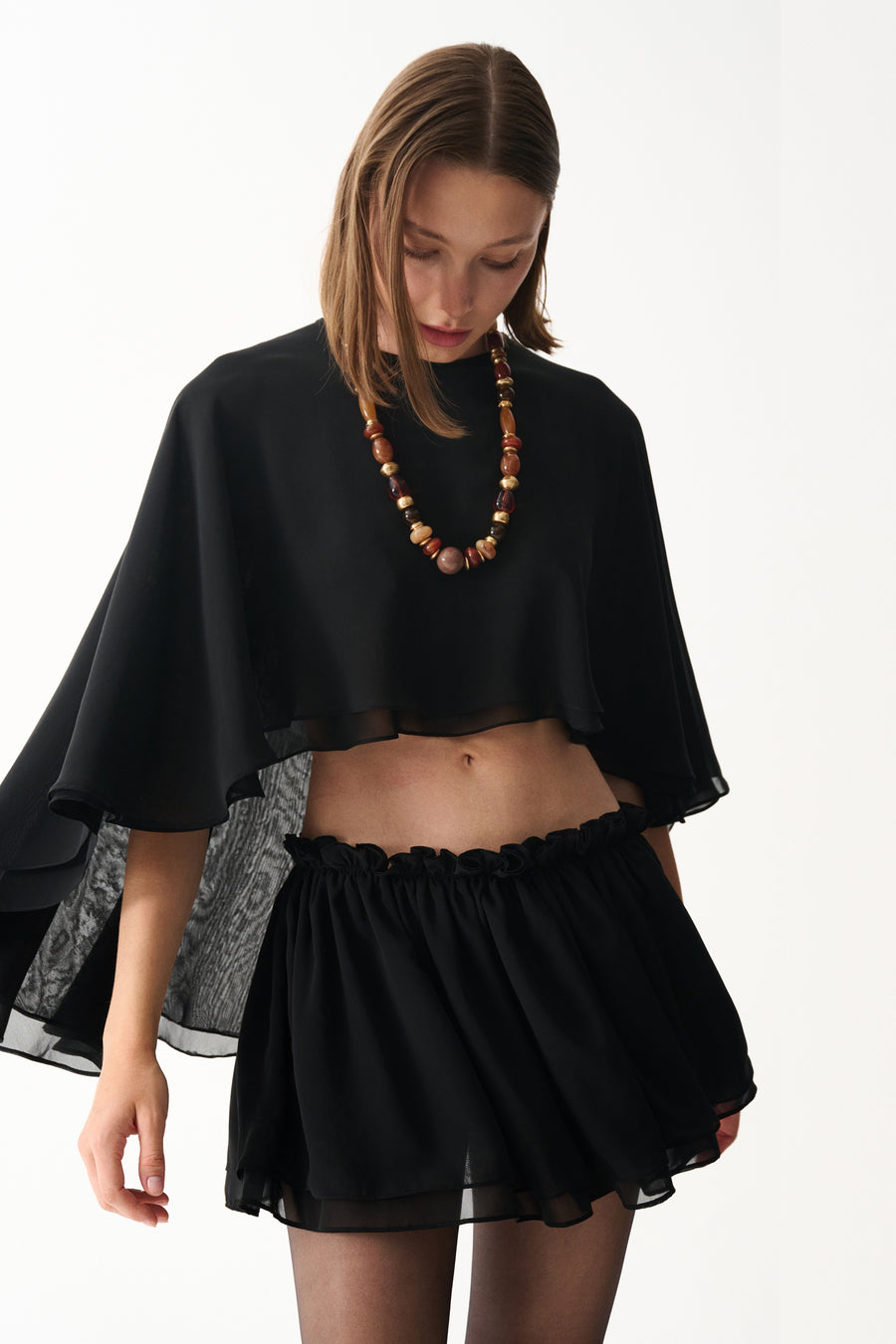 Black chiffon cape & chiffon mini short skirt