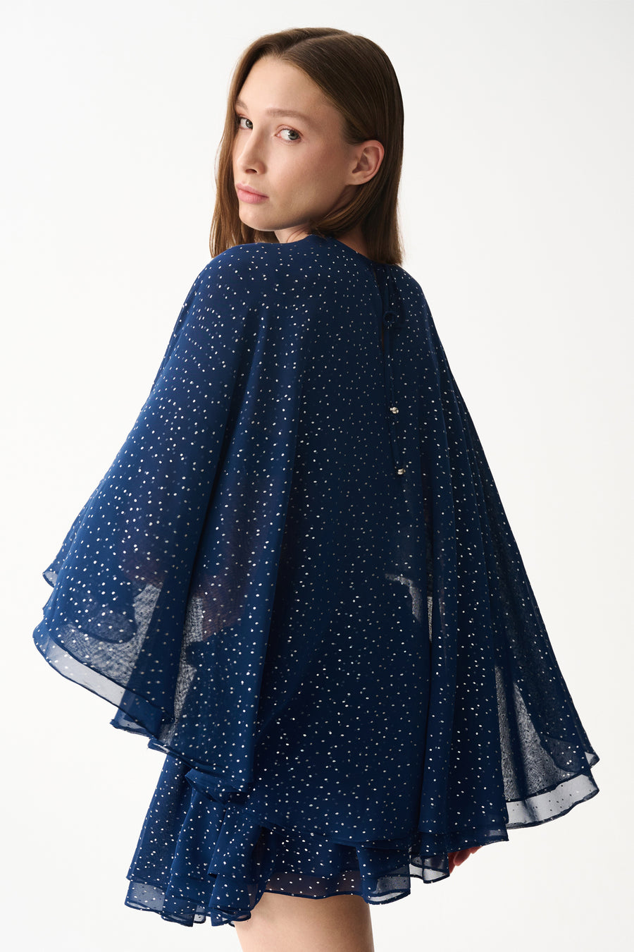 Silver dotted navy cape top & skirt set