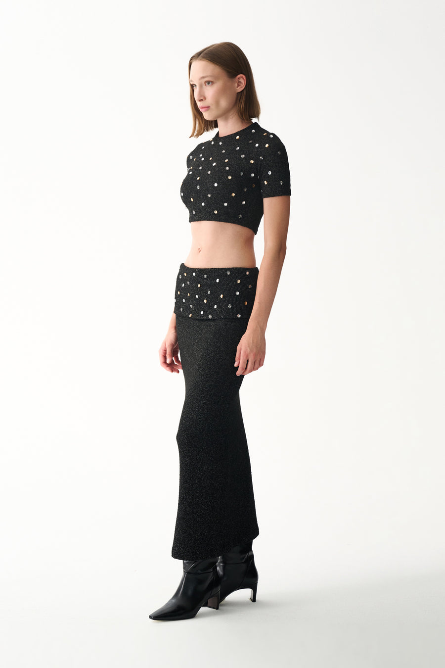 Black cropped top and matching maxi skirt with metallic sparkle and pearl embellishments