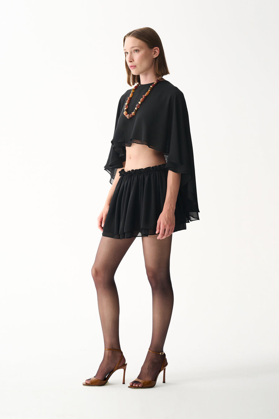 Black chiffon cape & chiffon mini short skirt