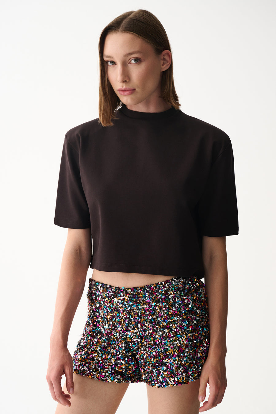 Dark chocolate brown cropped t-shirt with high crew neck and structured short sleeves