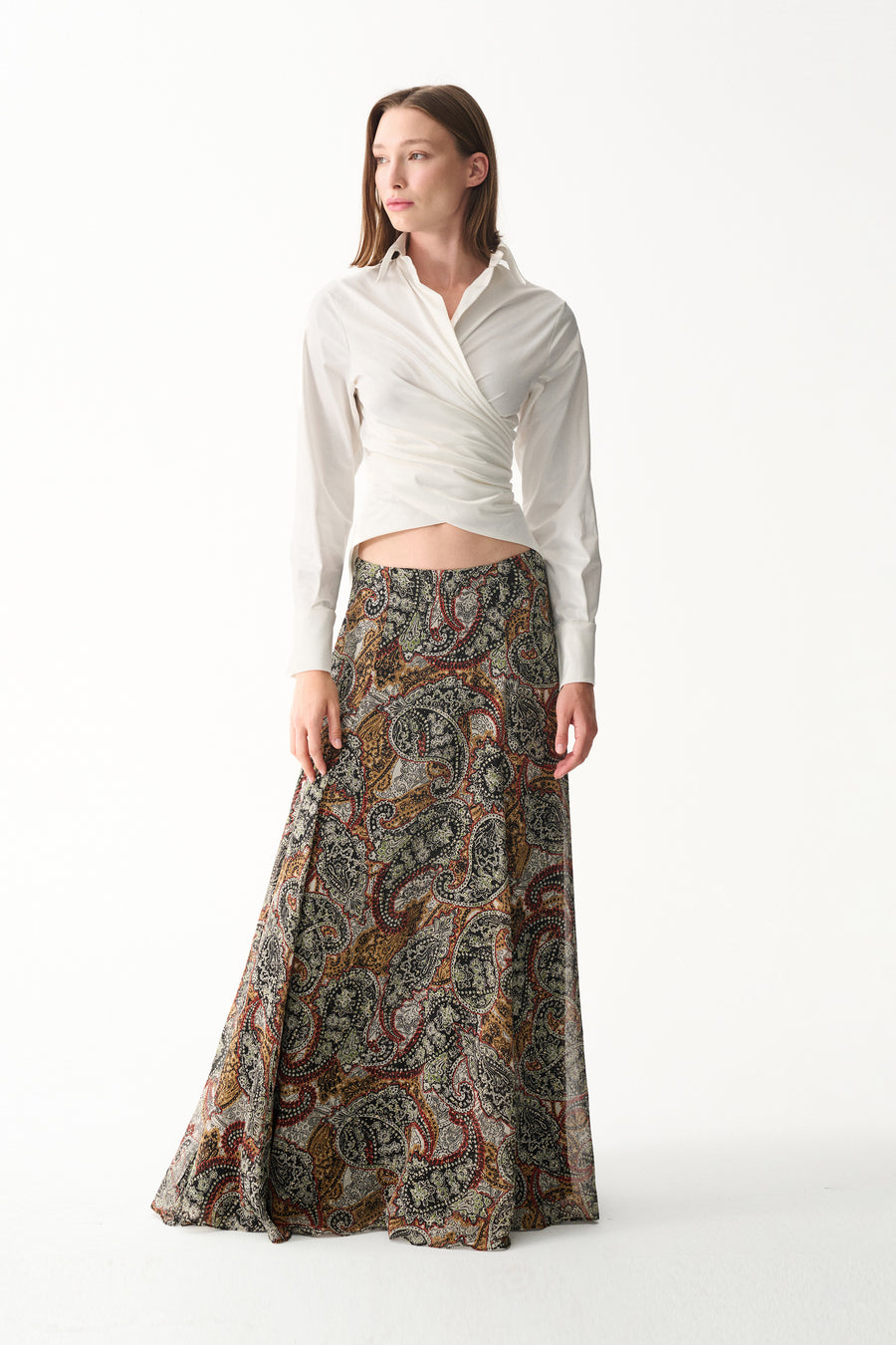 White Wrap Shirt and Peasley Pattern Long Skirt
