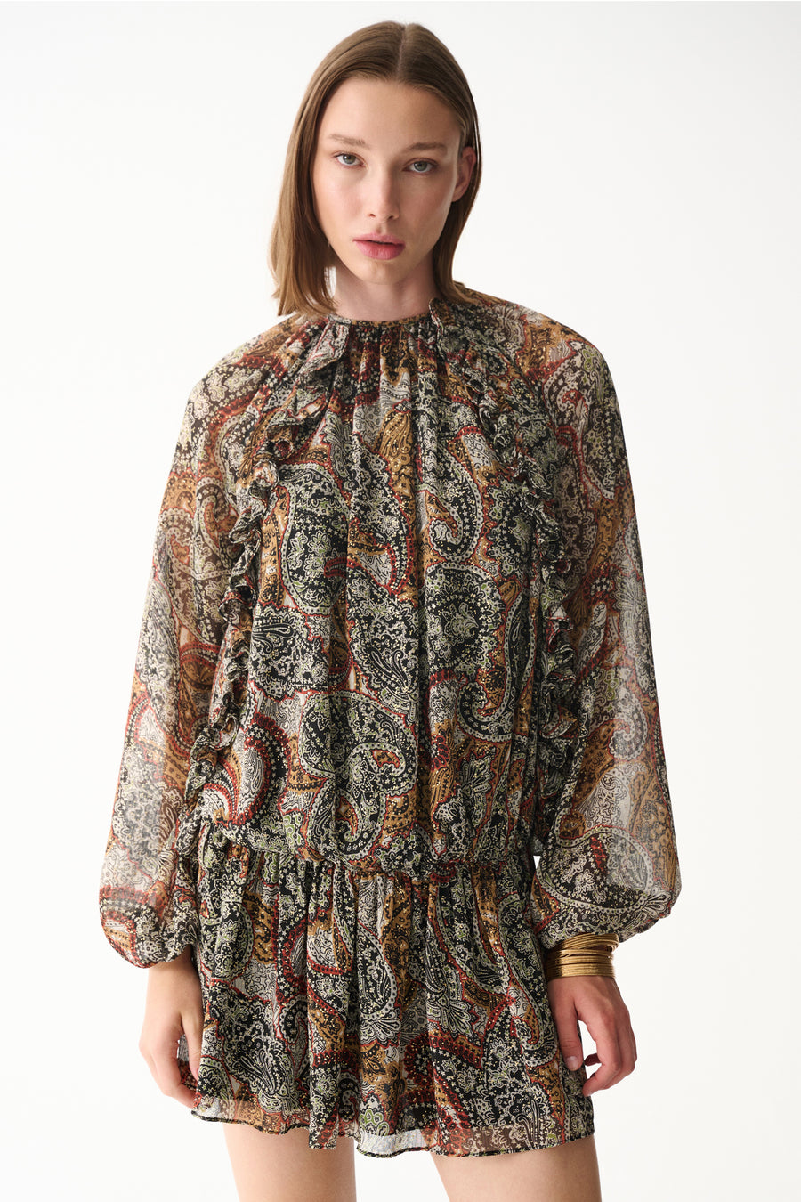 BAMBI ELBİSE / KAHVERENGİ ŞAL DESENLİ