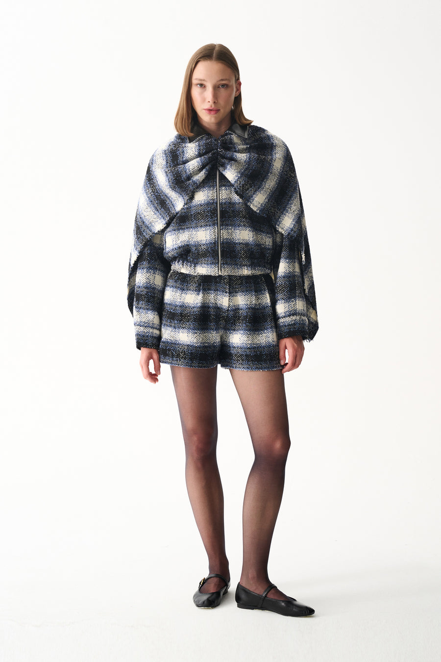 Plaid wool cape, jacket and shorts set