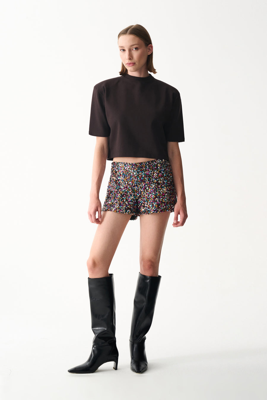 Dark chocolate brown cropped t-shirt with high crew neck and structured short sleeves