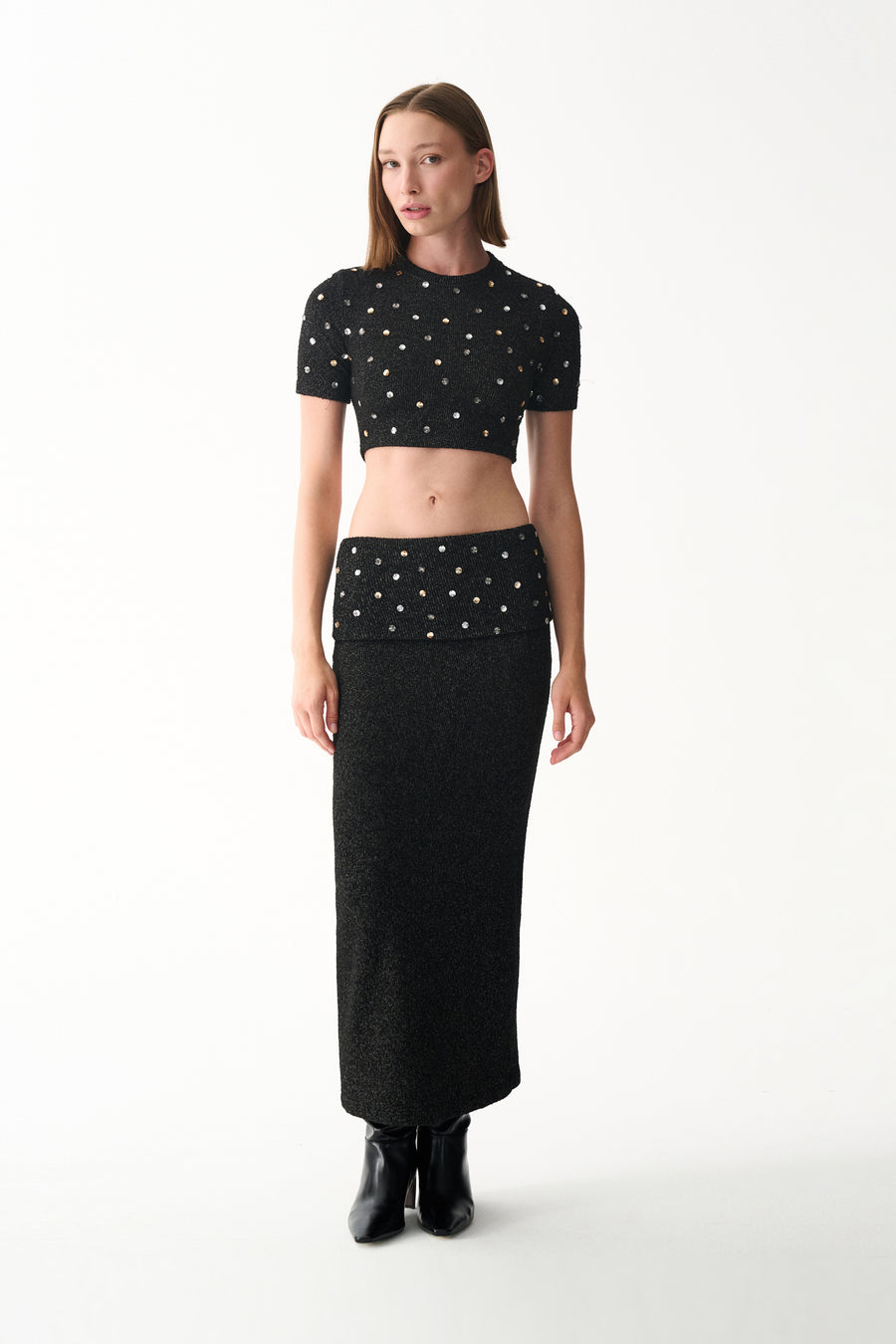 Black cropped top and matching maxi skirt with metallic sparkle and pearl embellishments