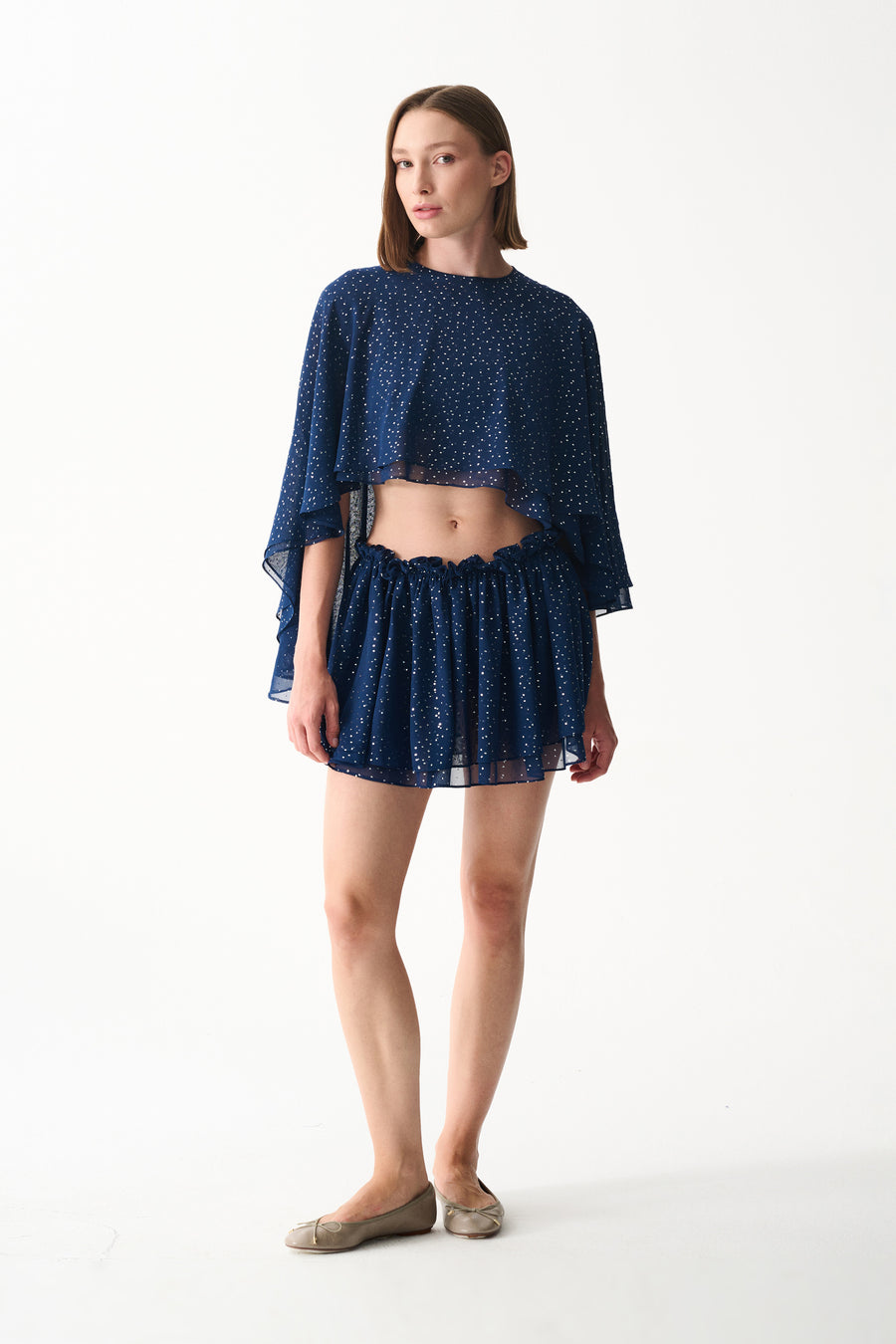 Silver dotted navy cape top & skirt set