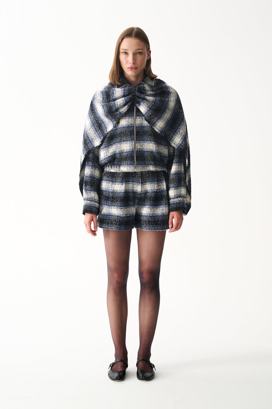 Plaid wool cape, jacket and shorts set